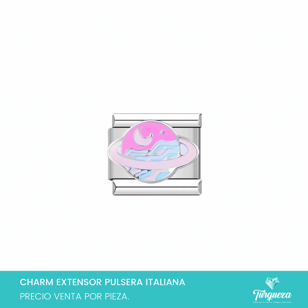 Dije Charm Planeta Rosa para Pulsera Tipo Italiana Plateado Acero Inoxidable