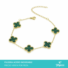 Cargar imagen en el visor de la galería, Pulsera Dupe Flor VC Doble Cara Verde Dorado Acero Inoxidable
