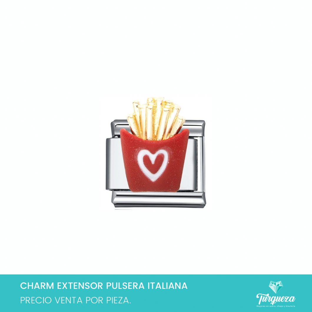 Dije Charm Papas Fritas 3D para Pulsera Tipo Italiana Plateado Acero Inoxidable
