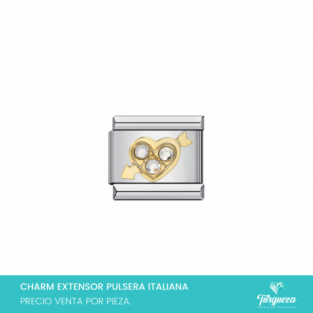 Dije Charm Corazon Flechado Zirconias para Pulsera Tipo Italiana Plateado Acero Inoxidable