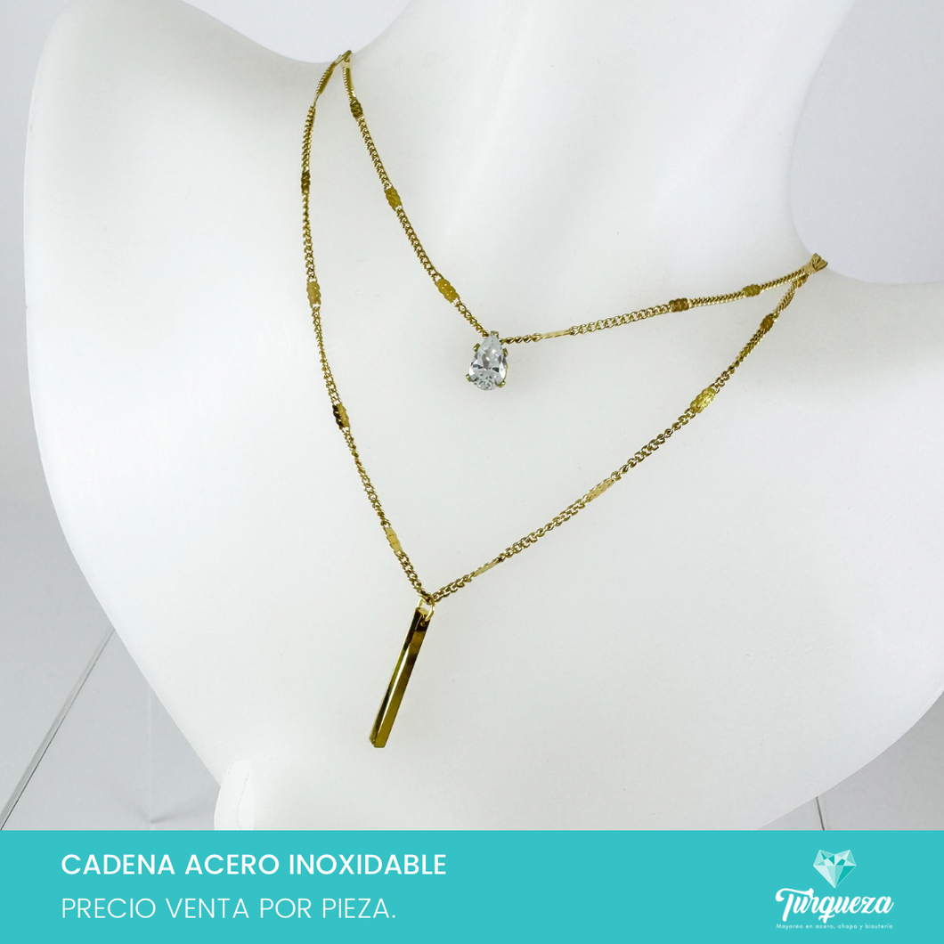 Collar Doble Gota Zirconia Dorado Acero Inoxidable