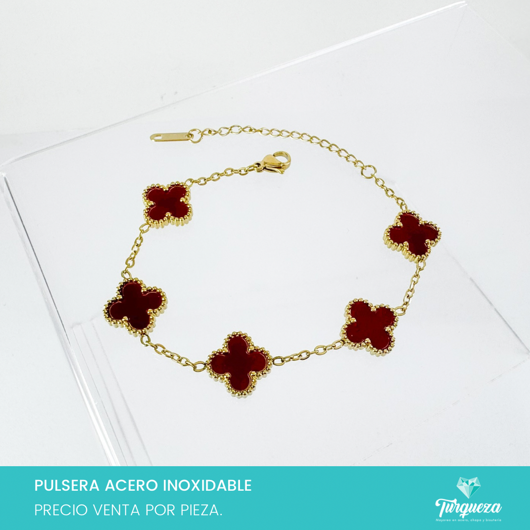 Pulsera Dupe Flor VC Guinda Doble Cara Dorada Acero Inoxidable