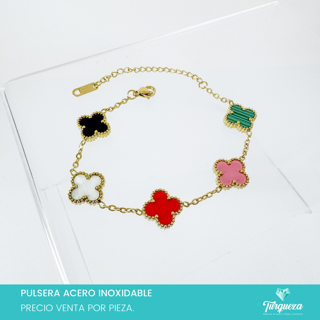 Pulsera Dupe Flor VC Colores Doble Cara Dorada Acero Inoxidable