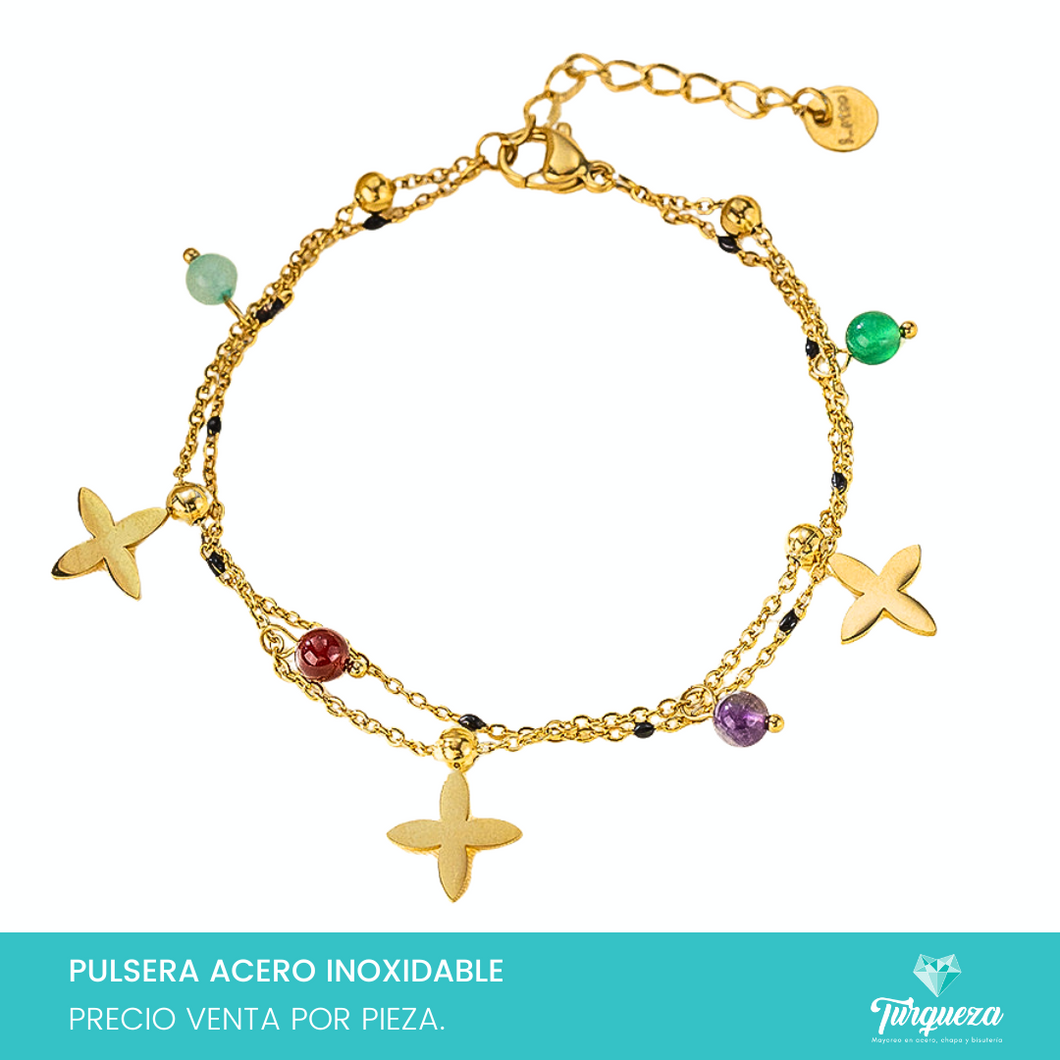 Pulsera Doble Con Dijes (16cm-2mm) Acero Inoxidable