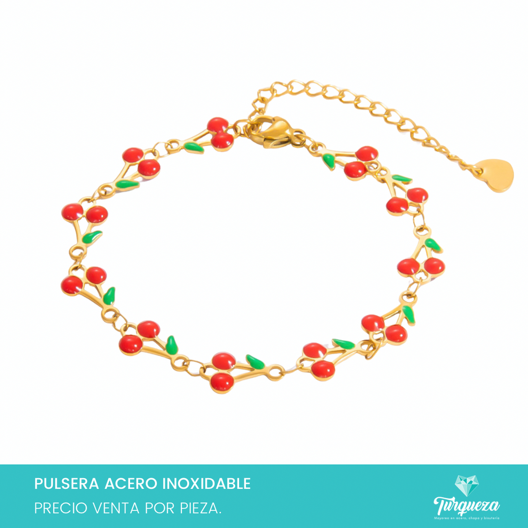 Pulsera Cerezas Rojas Dorado Acero Inoxidable