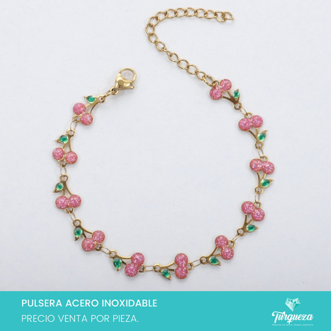 Pulsera Cerezas Rosas Dorado Acero Inoxidable