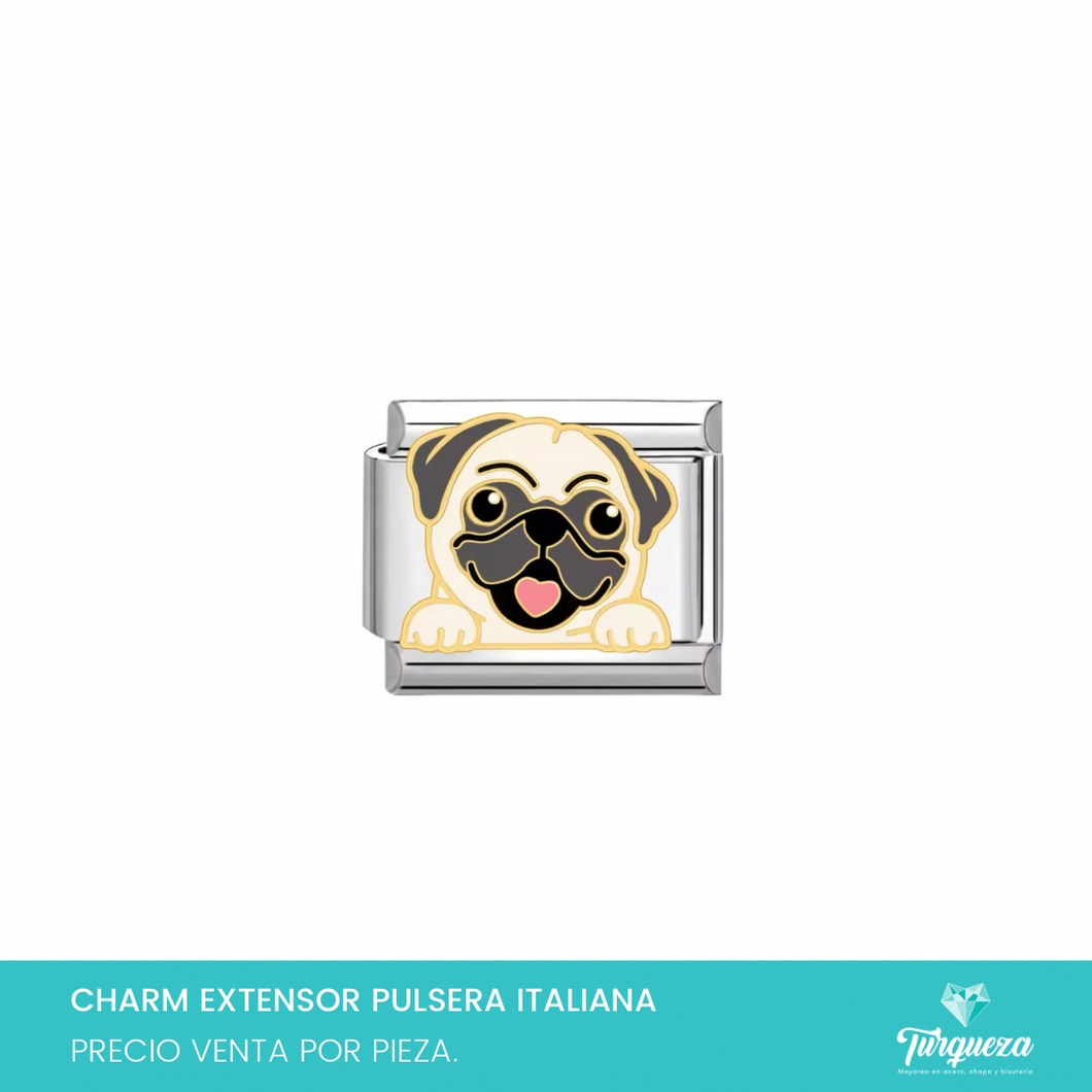 Dije Charm Perrito Pug para Pulsera Tipo Italiana Plateado Acero Inoxidable