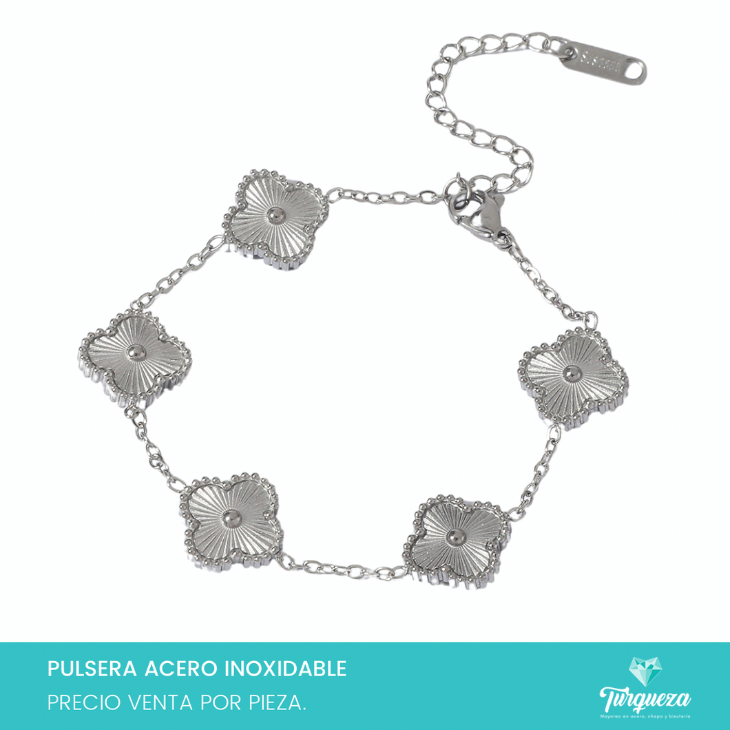 Pulsera Dupe Flor VC Doble Cara Plateada Acero Inoxidable
