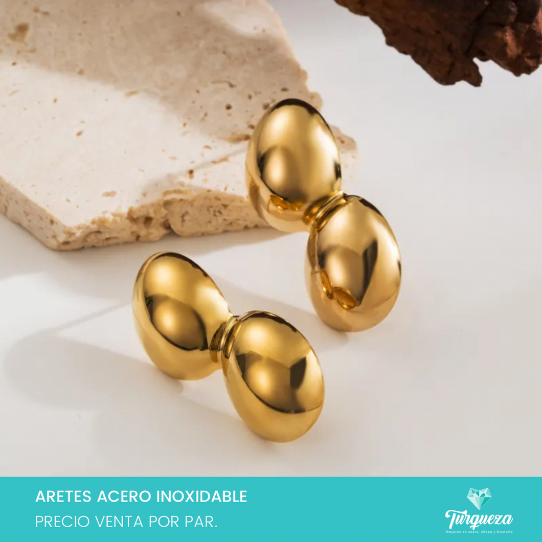 Arete Doble Bola Dorado 3cm Acero Inoxidable