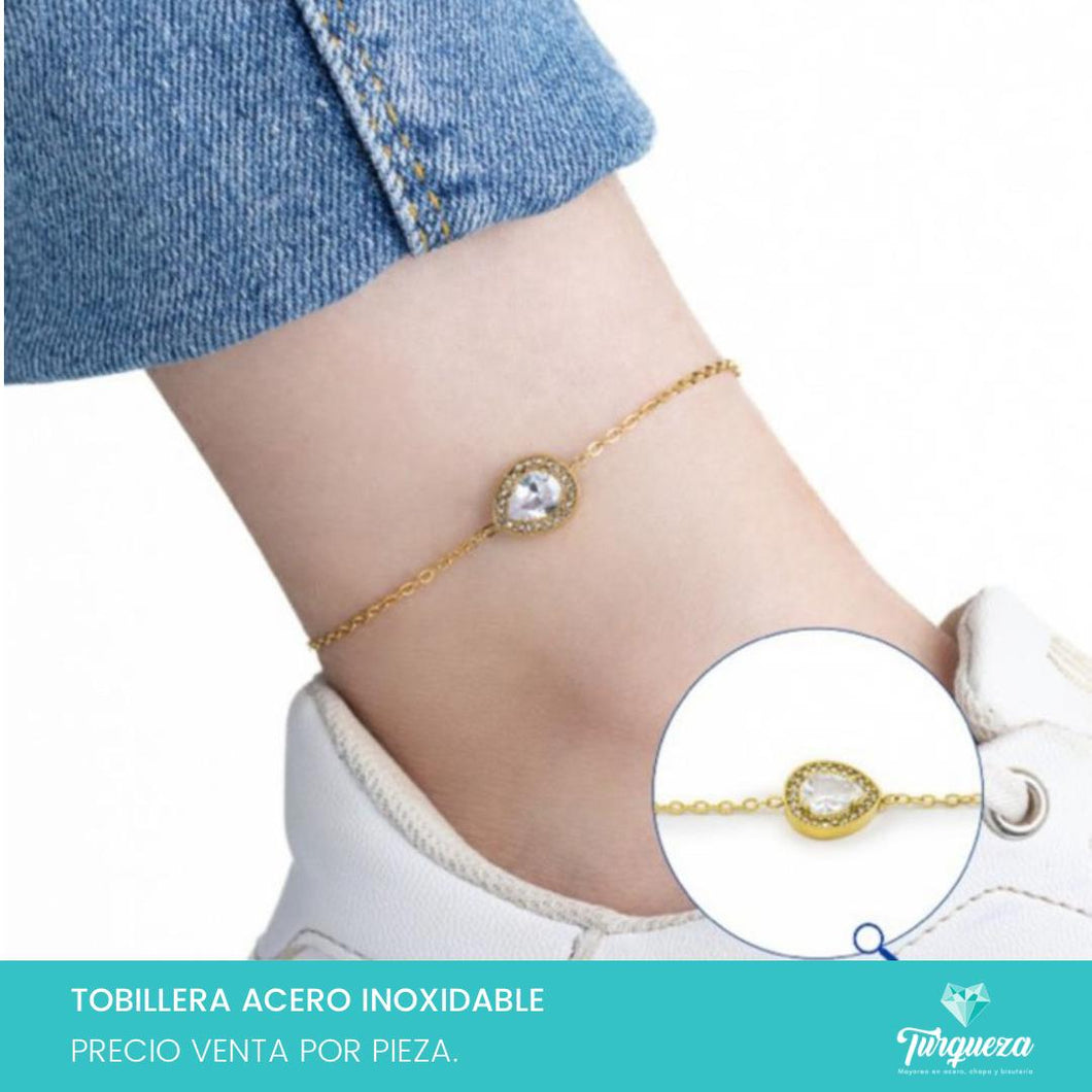 Pulsera Tobillera Zirconia Dorado (25cmx2mm) Acero Inoxidable