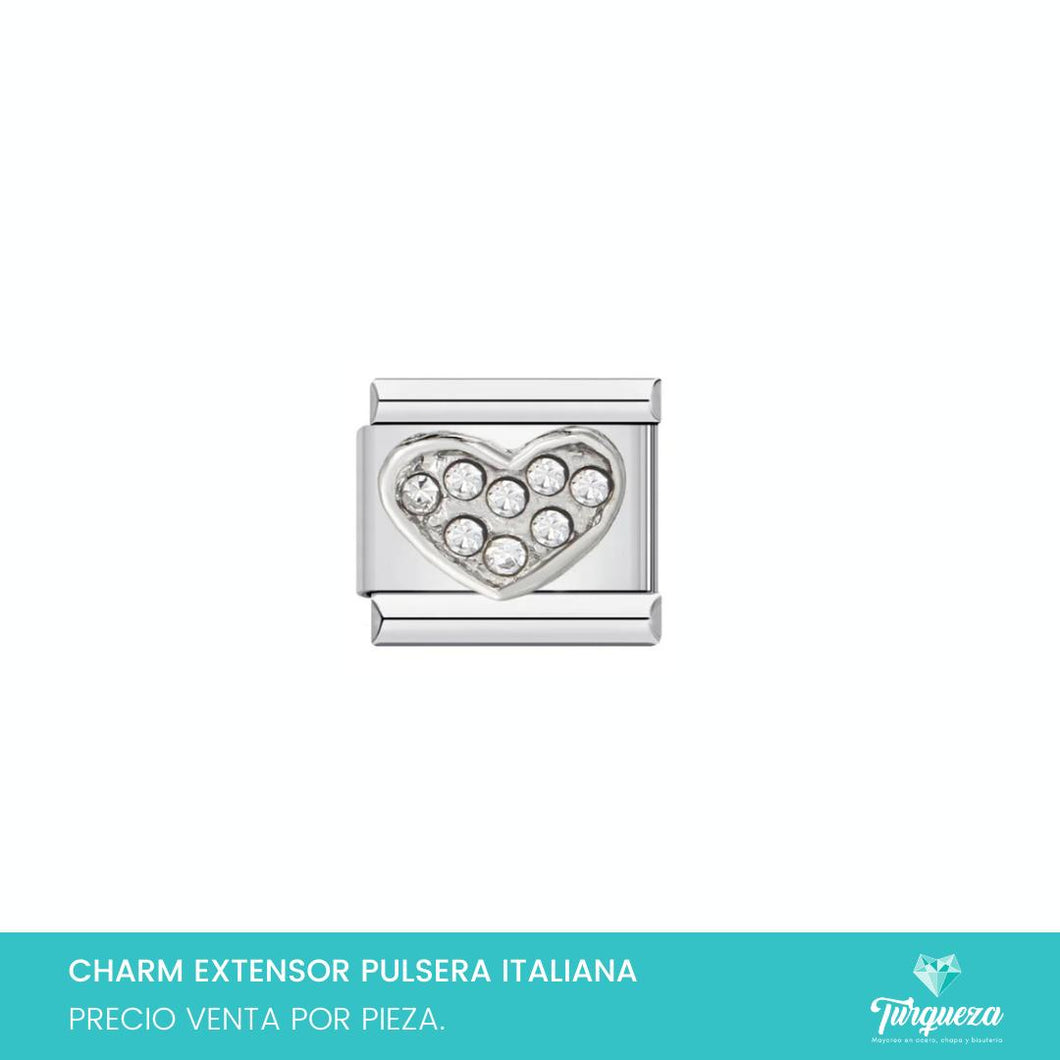 Dije Charm Corazon Zirconias para Pulsera Tipo Italiana Plateado Acero Inoxidable