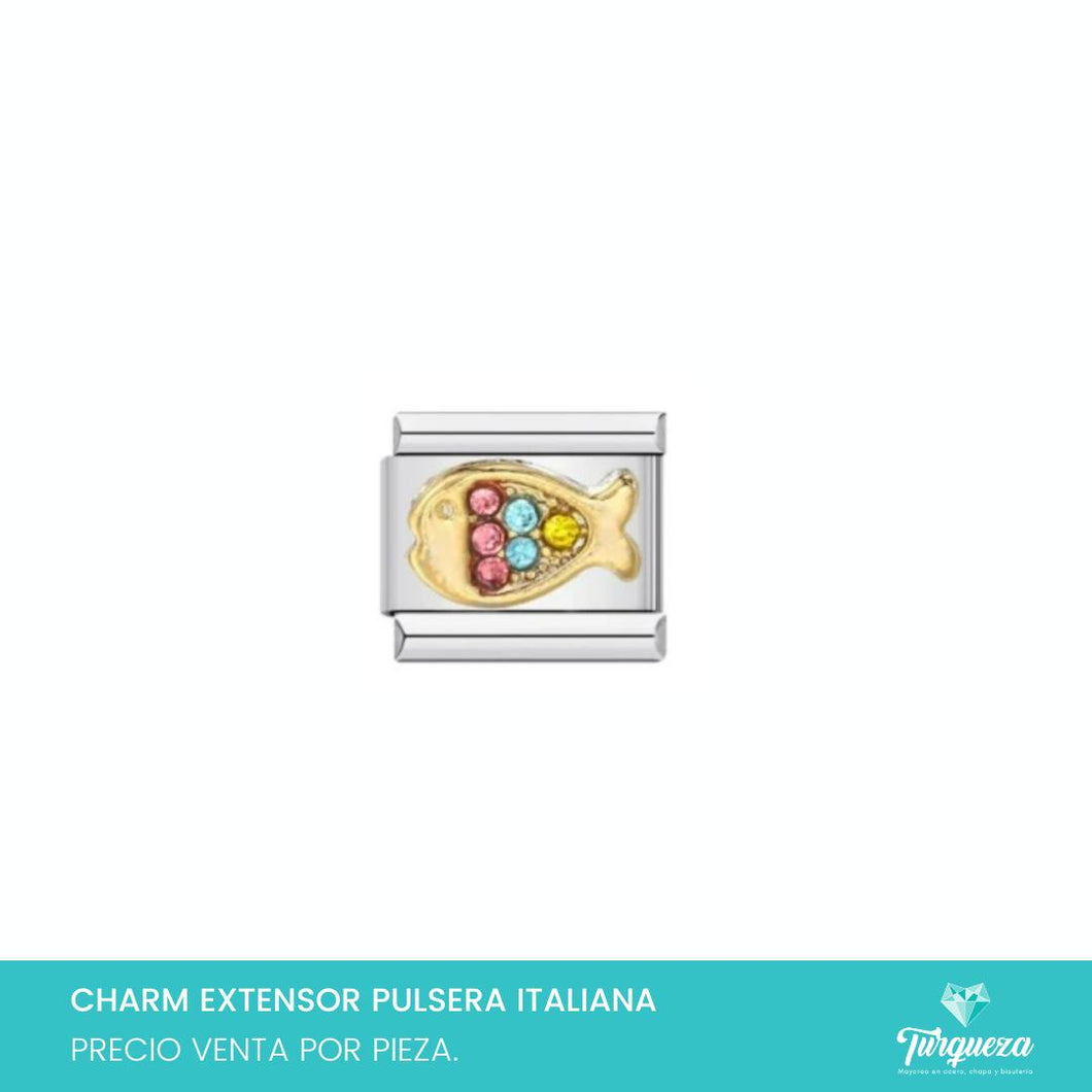 Dije Charm Pez Zirconias para Pulsera Tipo Italiana Plateado Acero Inoxidable