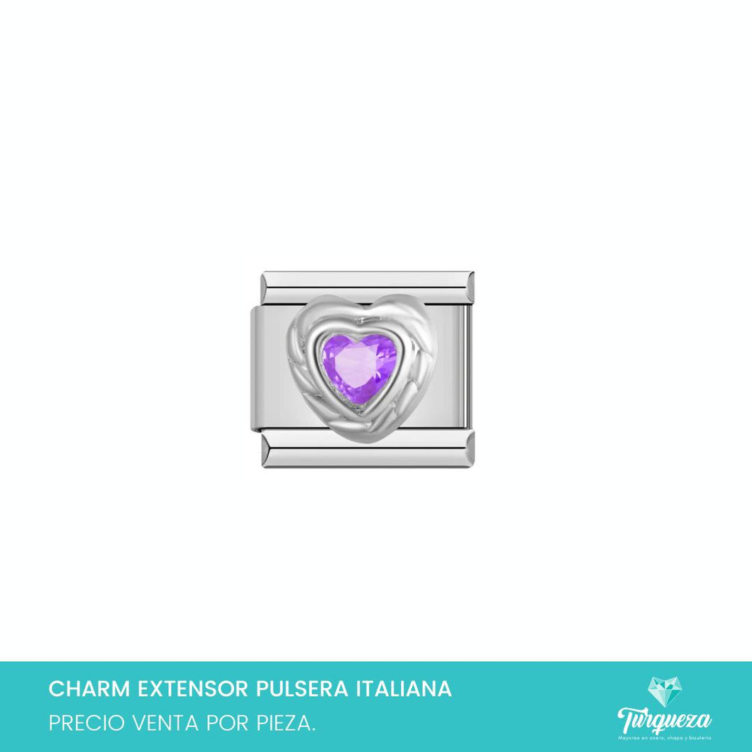 Dije Charm Corazon Zirconia Morado para Pulsera Tipo Italiana Plateado Acero Inoxidable