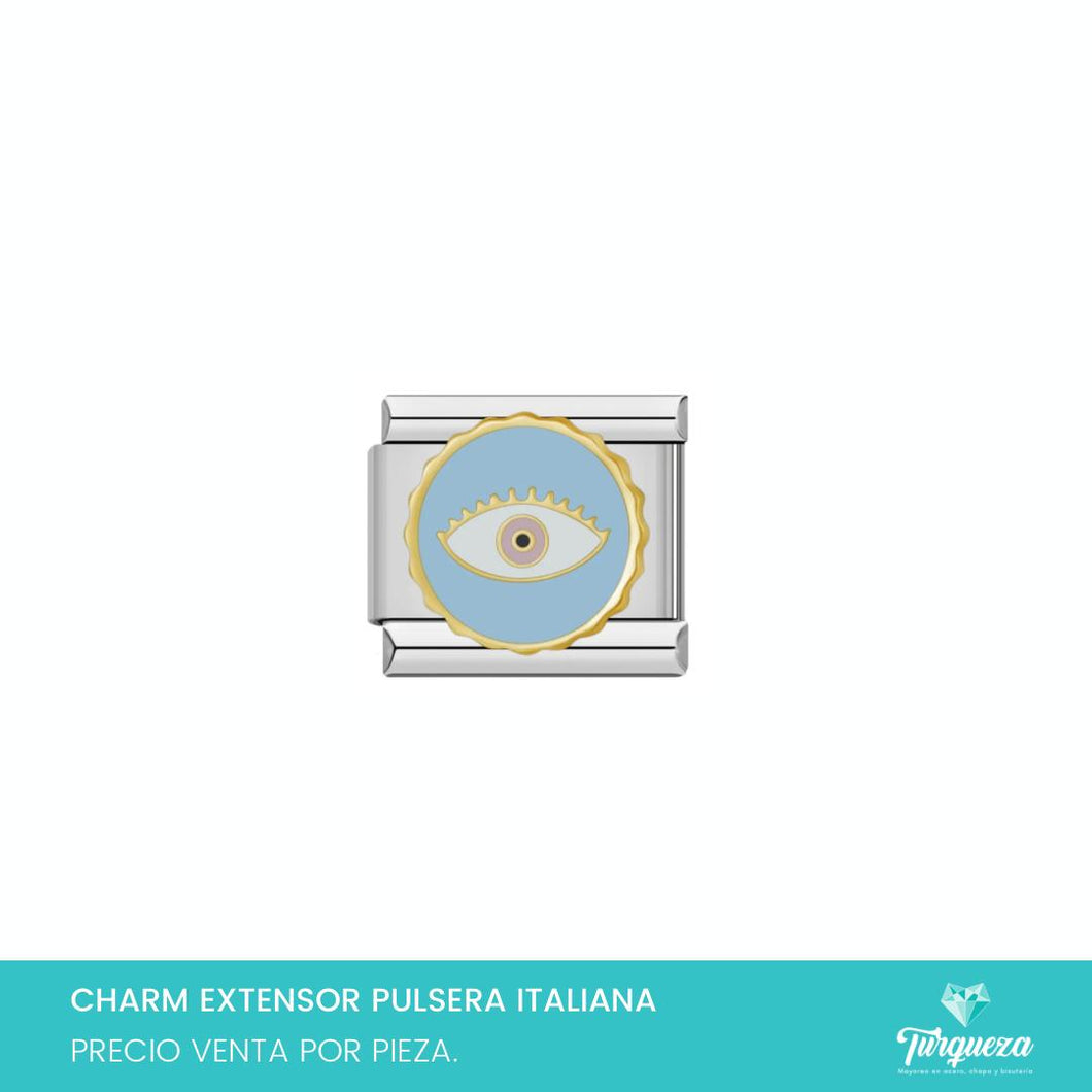 Dije Charm Ojo Fondo Azul para Pulsera Tipo Italiana Plateado Acero Inoxidable