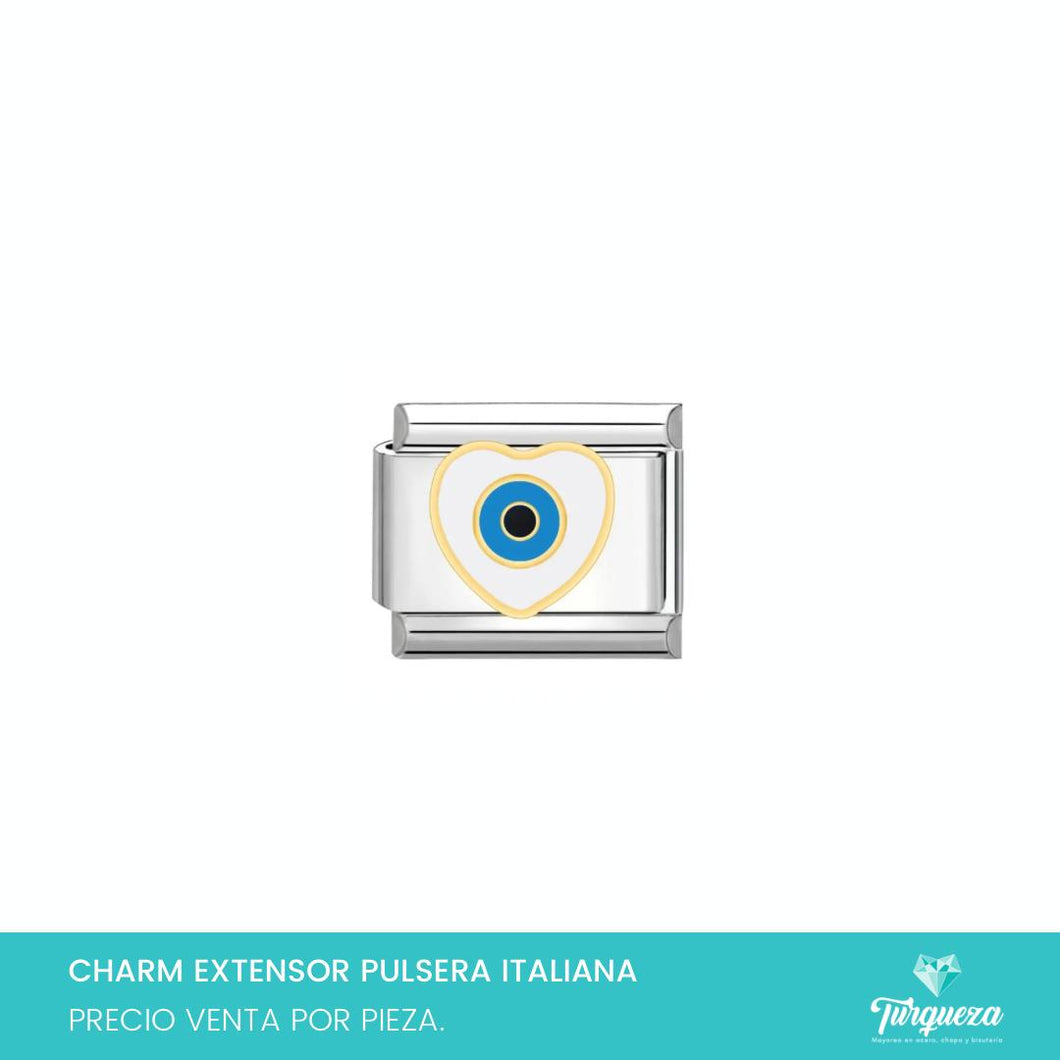 Dije Charm Corazón Ojo Blanco para Pulsera Tipo Italiana Plateado Acero Inoxidable