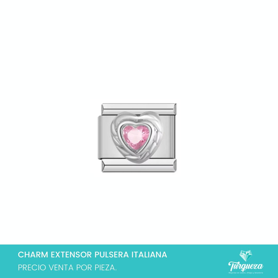 Dije Charm Corazon Zirconia Rosa para Pulsera Tipo Italiana Plateado Acero Inoxidable