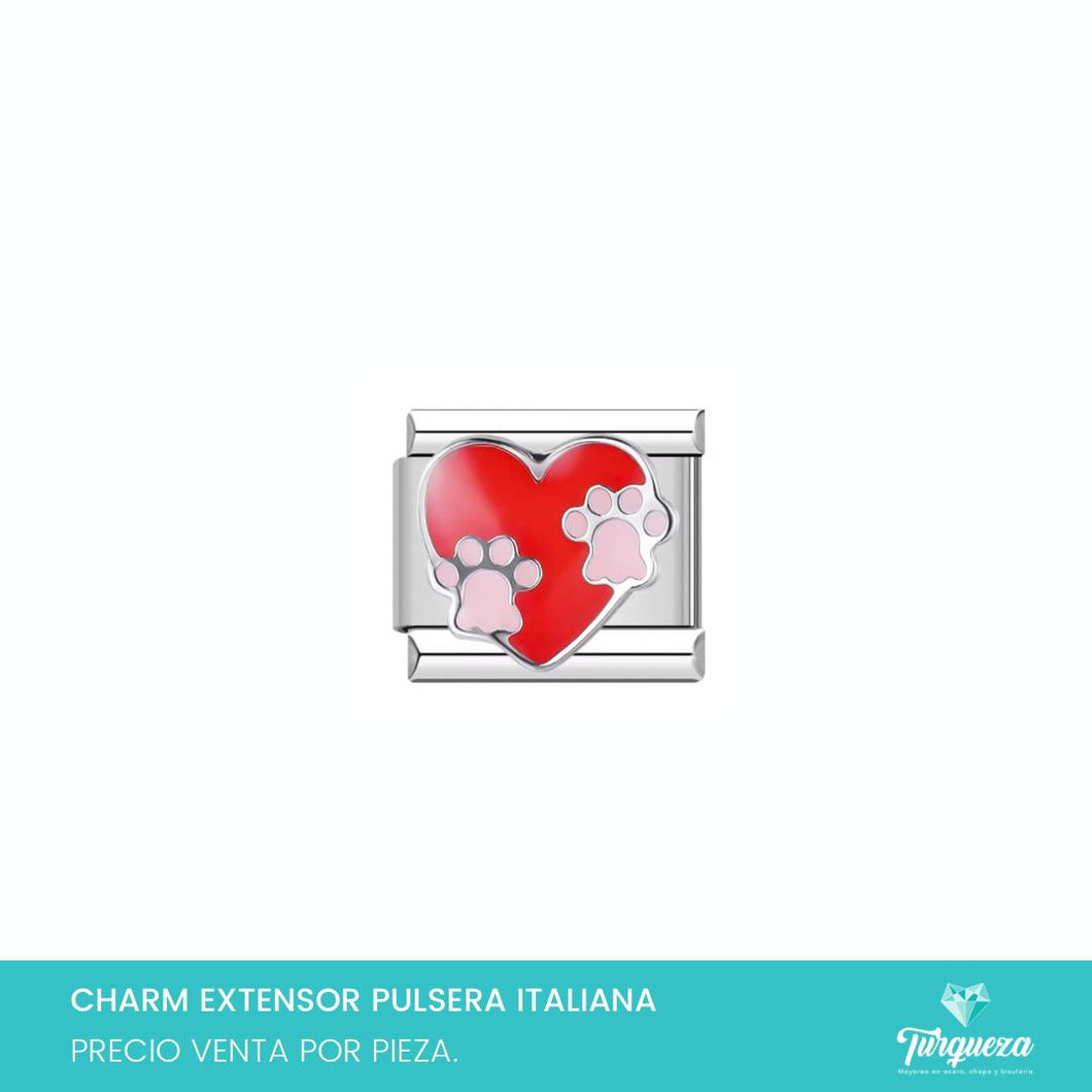 Dije Charm Corazon Huellitas Perro para Pulsera Tipo Italiana Plateado Acero Inoxidable