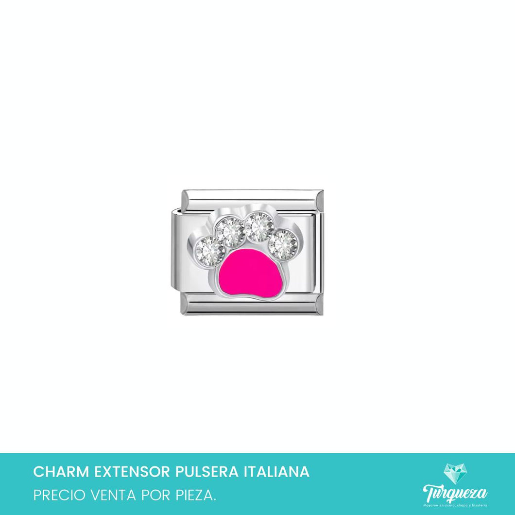 Dije Charm Huella Rosa Fiusha Zirconias 3D para Pulsera Tipo Italiana Plateado Acero Inoxidable