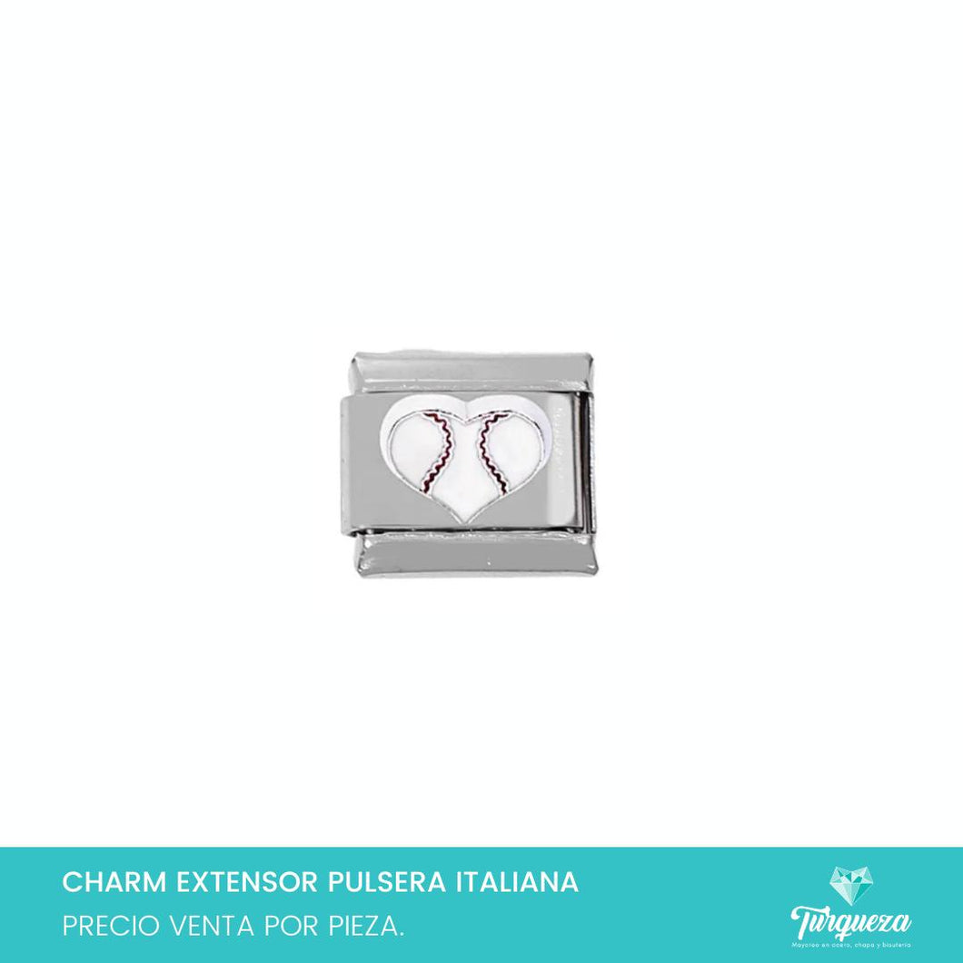 Dije Charm Corazon Pelota Baseball 3D para Pulsera Tipo Italiana Plateado Acero Inoxidable