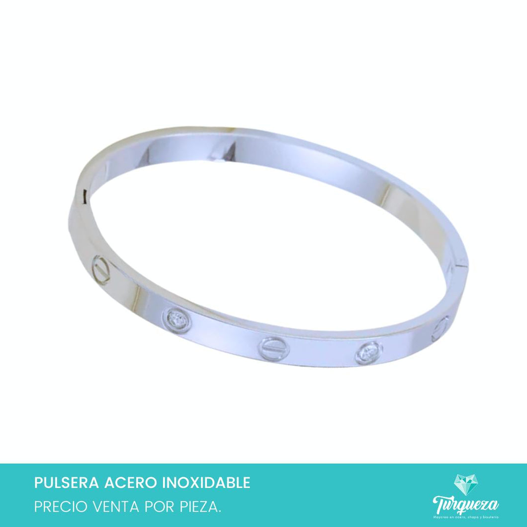 Brazalete diseño Tornillo y Zirconias Plateada Acero Inoxidable