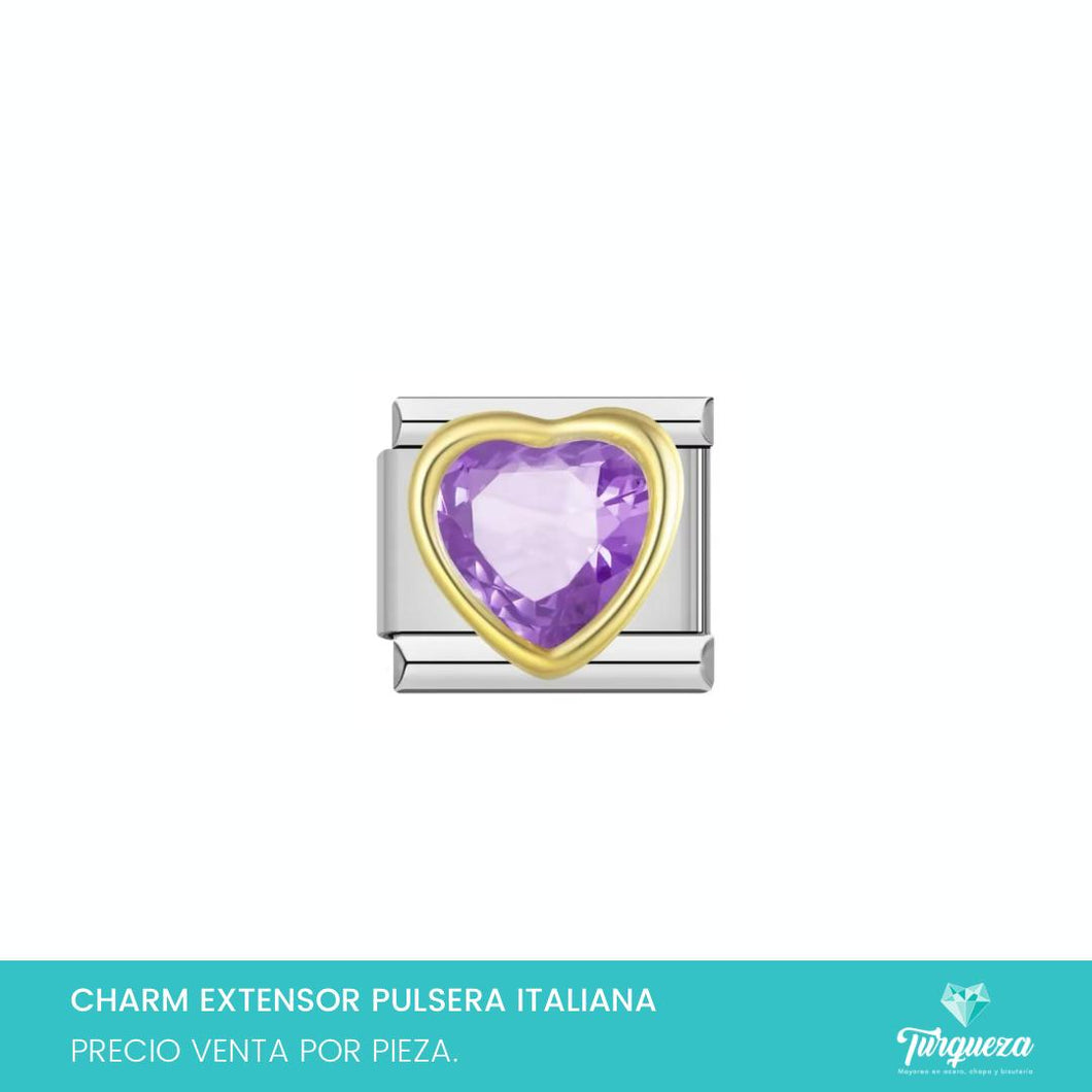 Dije Charm Corazon Zirconia Morada para Pulsera Tipo Italiana Plateado Acero Inoxidable