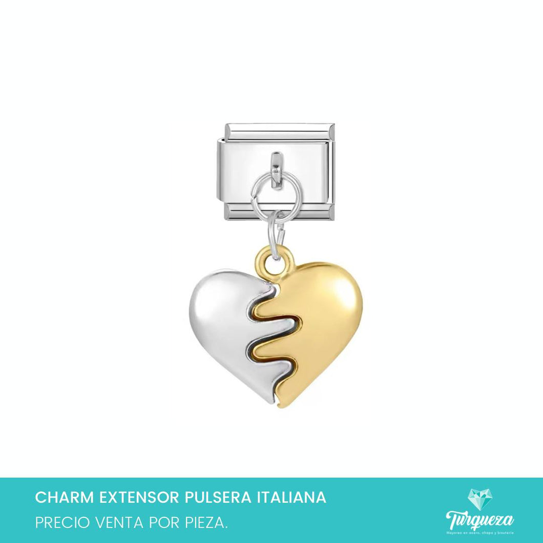 Dije Charm Corazon Bitono Colgante para Pulsera Tipo Italiana Plateado Acero Inoxidable