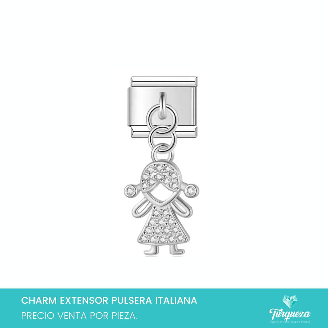 Dije Charm Niña Zirconias Colgante para Pulsera Tipo Italiana Plateado Acero Inoxidable