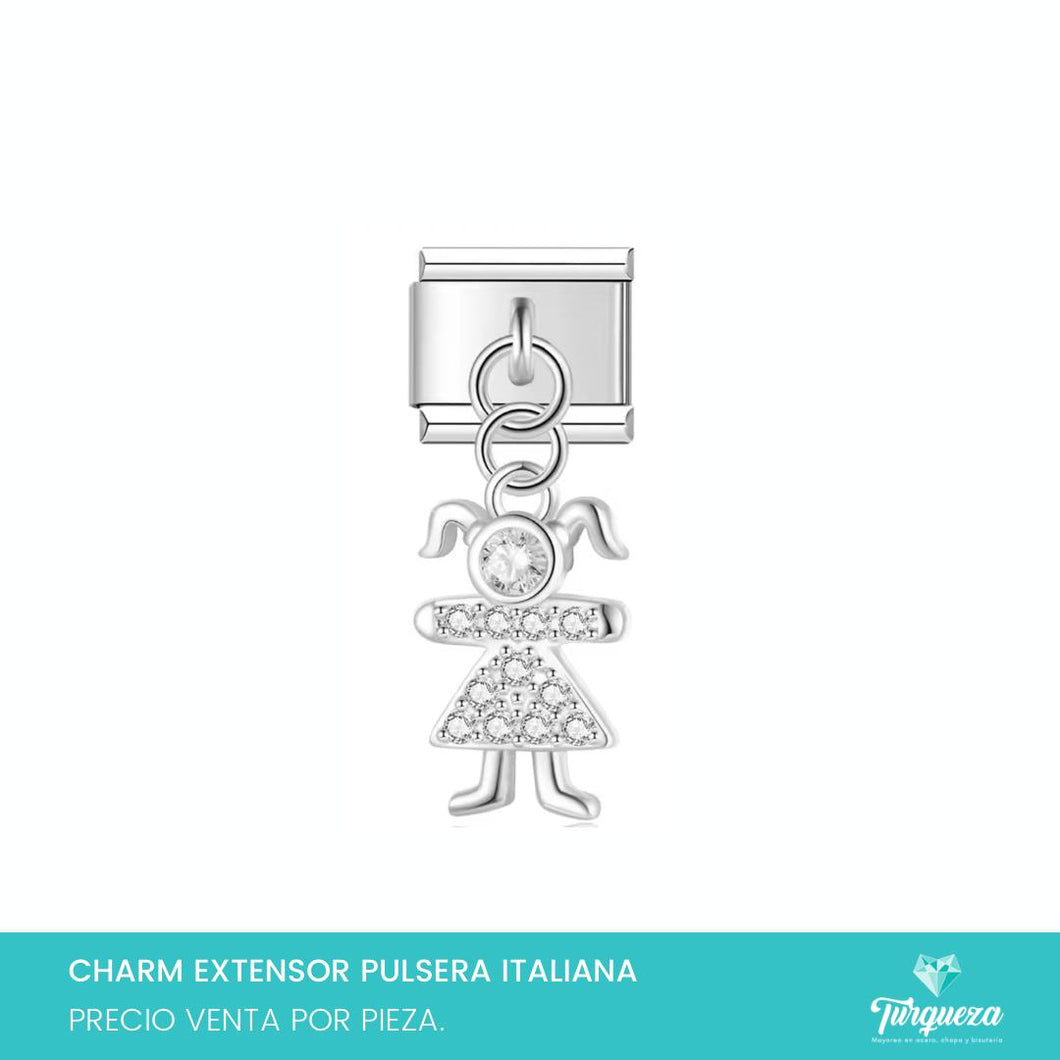 Dije Charm Niña Zirconias Colgante para Pulsera Tipo Italiana Plateado Acero Inoxidable