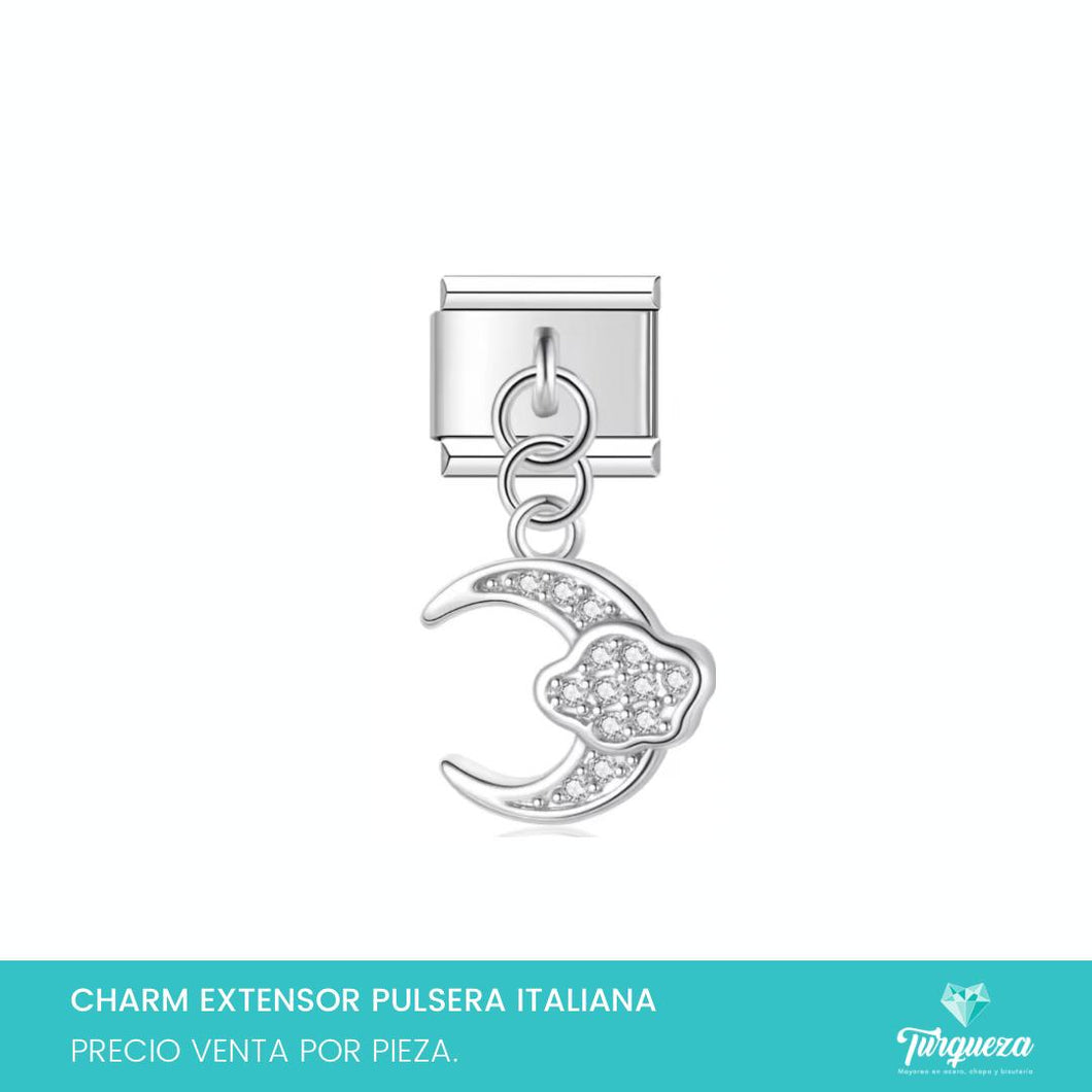 Dije Charm Luna y Nube Zirconias Colgante para Pulsera Tipo Italiana Plateado Acero Inoxidable