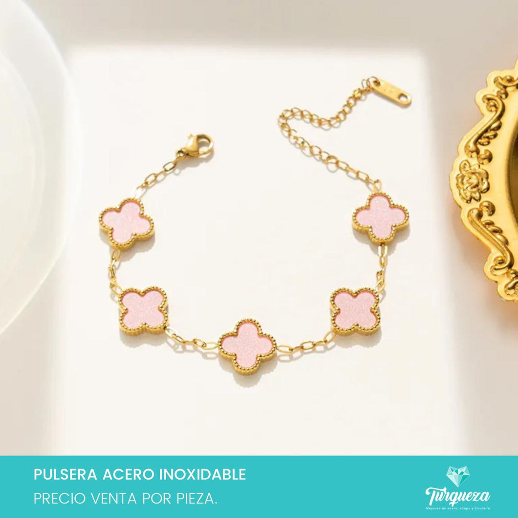 Pulsera Dupe Flor VC Rosa Dorada Acero Inoxidable