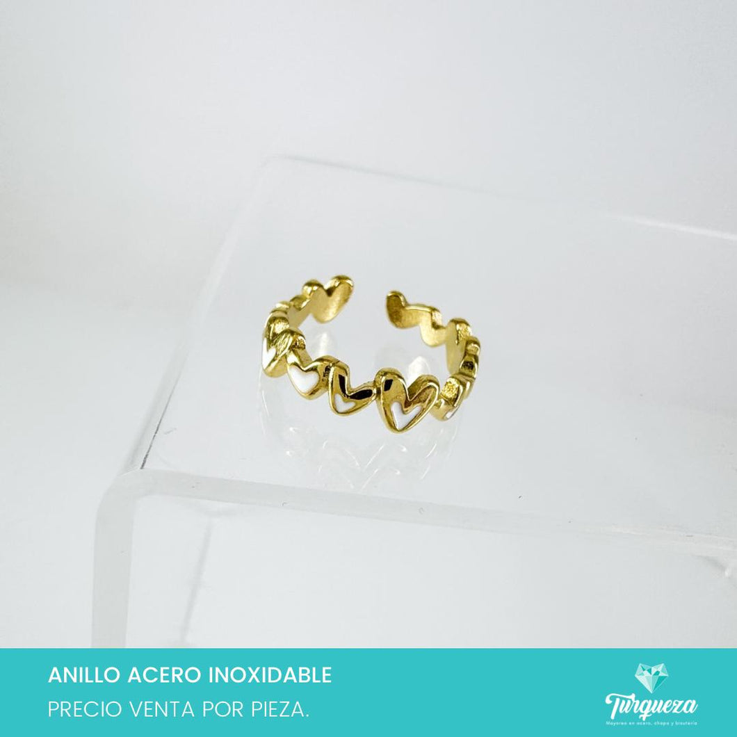 Anillo Corazones Esmalte Blanco Ajustable Dorado Acero Inoxidable