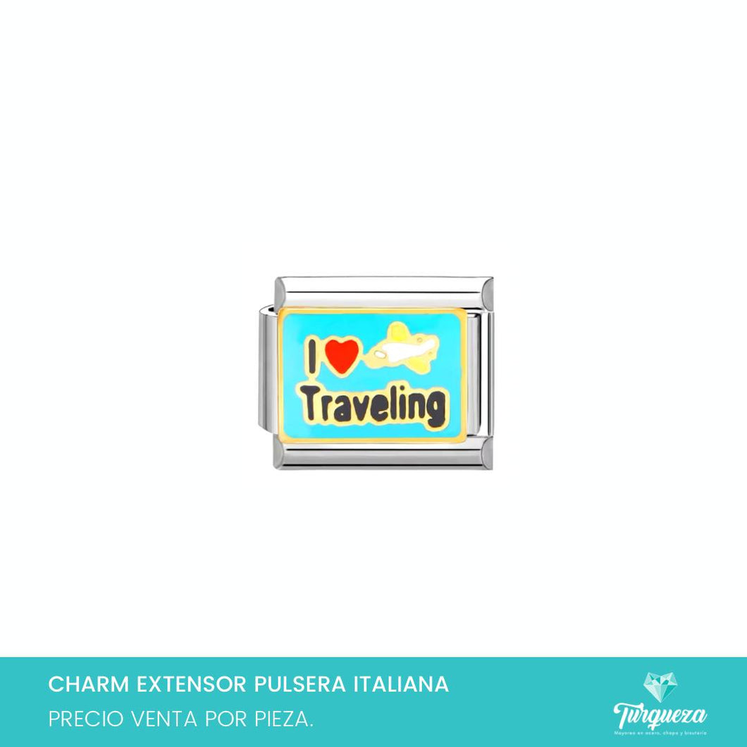 Dije Charm I Love Traveling para Pulsera Tipo Italiana Plateado Acero Inoxidable