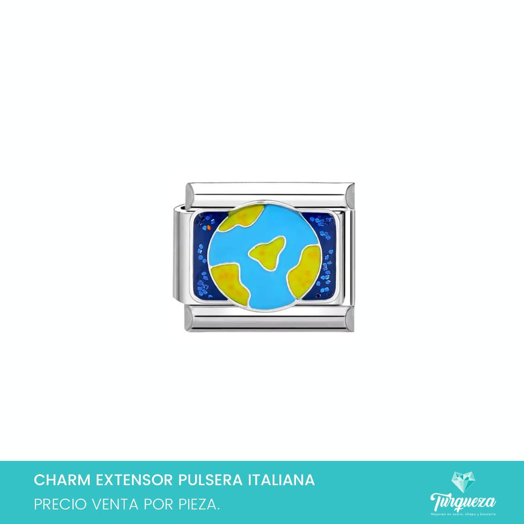 Dije Charm Mundo para Pulsera Tipo Italiana Plateado Acero Inoxidable