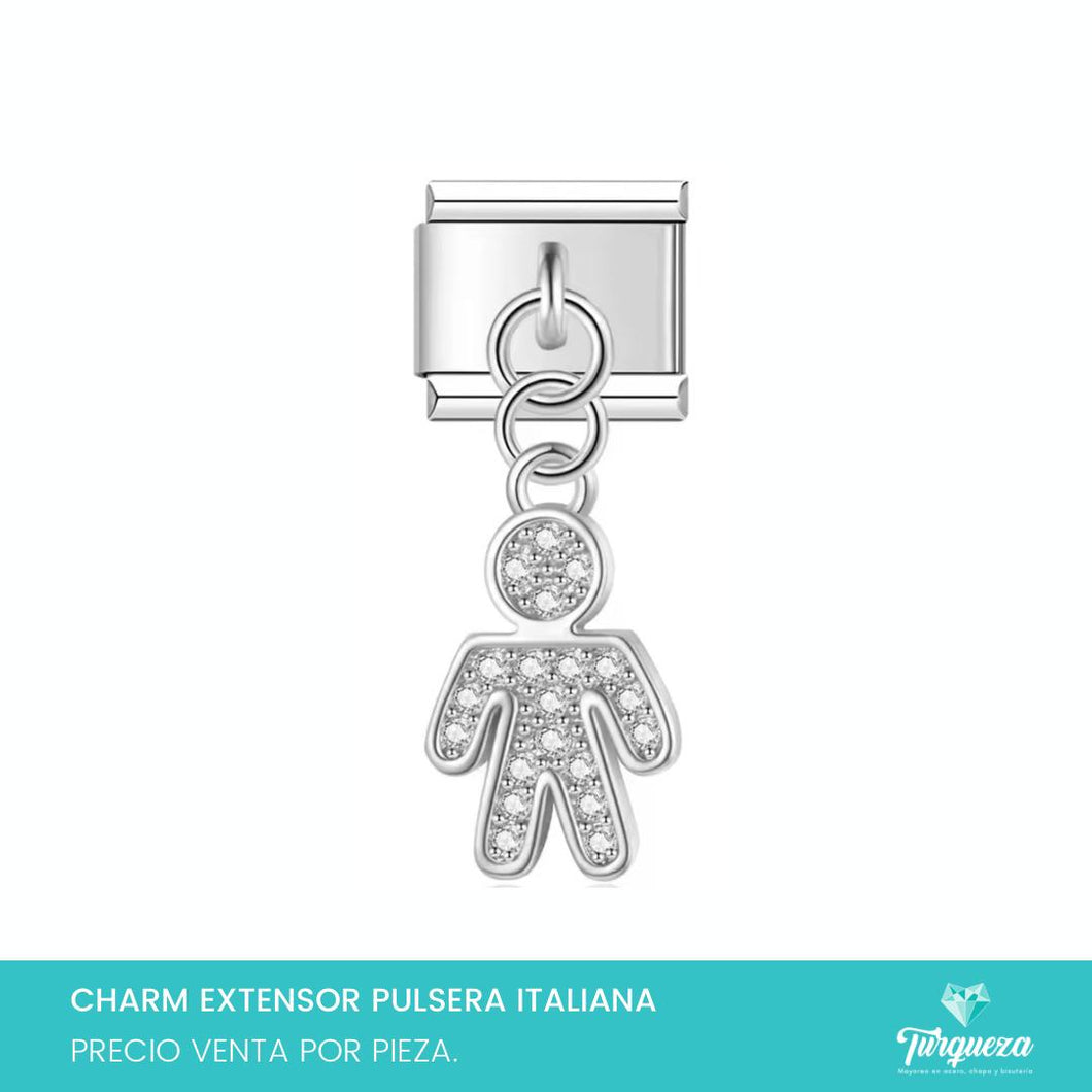 Dije Charm Niño Zirconias Colgante para Pulsera Tipo Italiana Plateado Acero Inoxidable