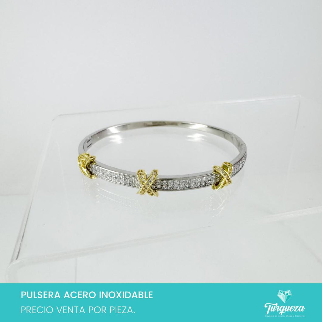 Brazalete Cruzes y Zirconias Dorado Acero Inoxidable