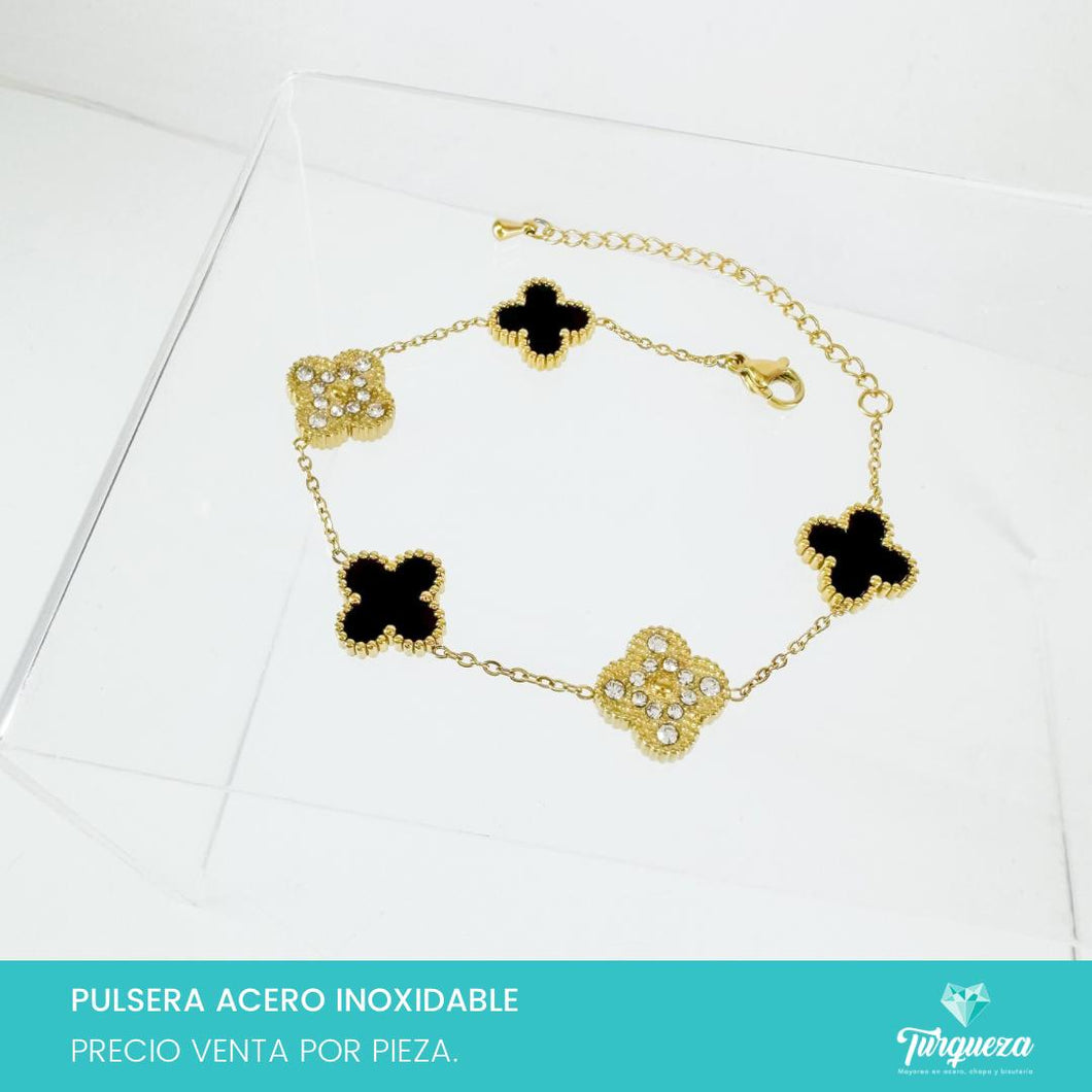 Pulsera Dupe Flor VC Negra y Zirconias Doble cara Dorada Acero Inoxidable