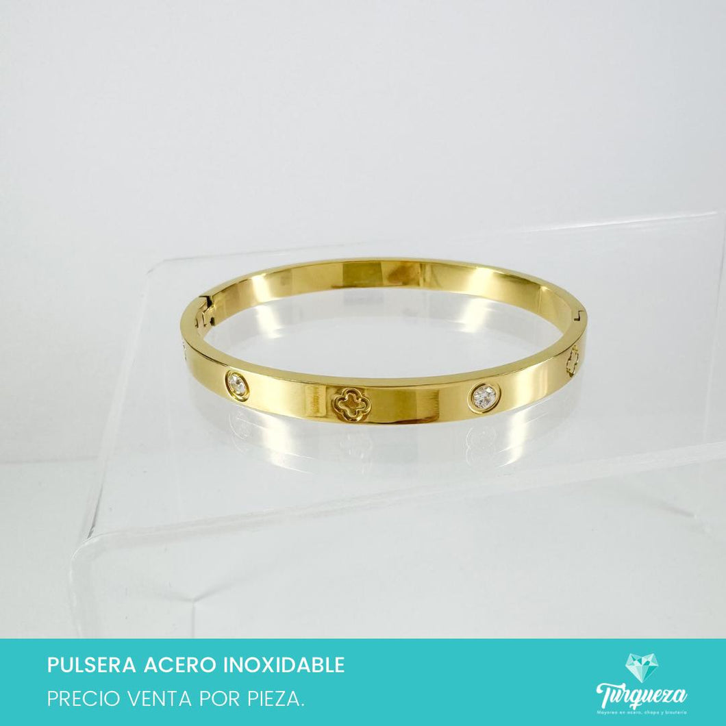 Brazalete Trebol y Zirconias Dorado Acero Inoxidable