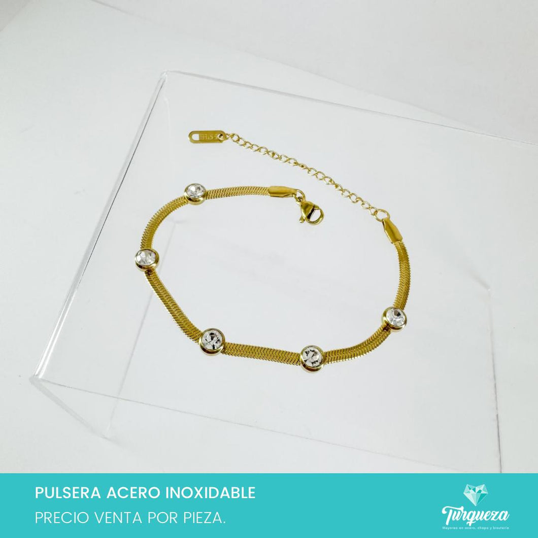 Pulsera Plancha Zirconias Dorada Acero Inoxidable