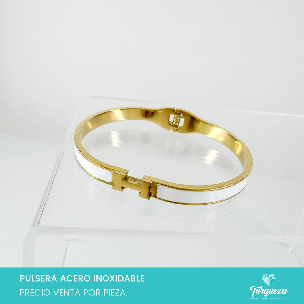 Brazalete H Esmalte Blanco Dorado Acero Inoxidable