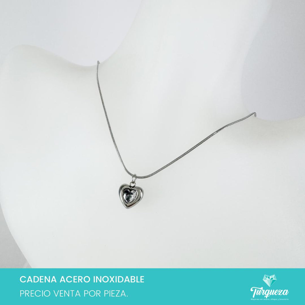 Collar Corazon Zirconia Plateado Acero Inoxidable