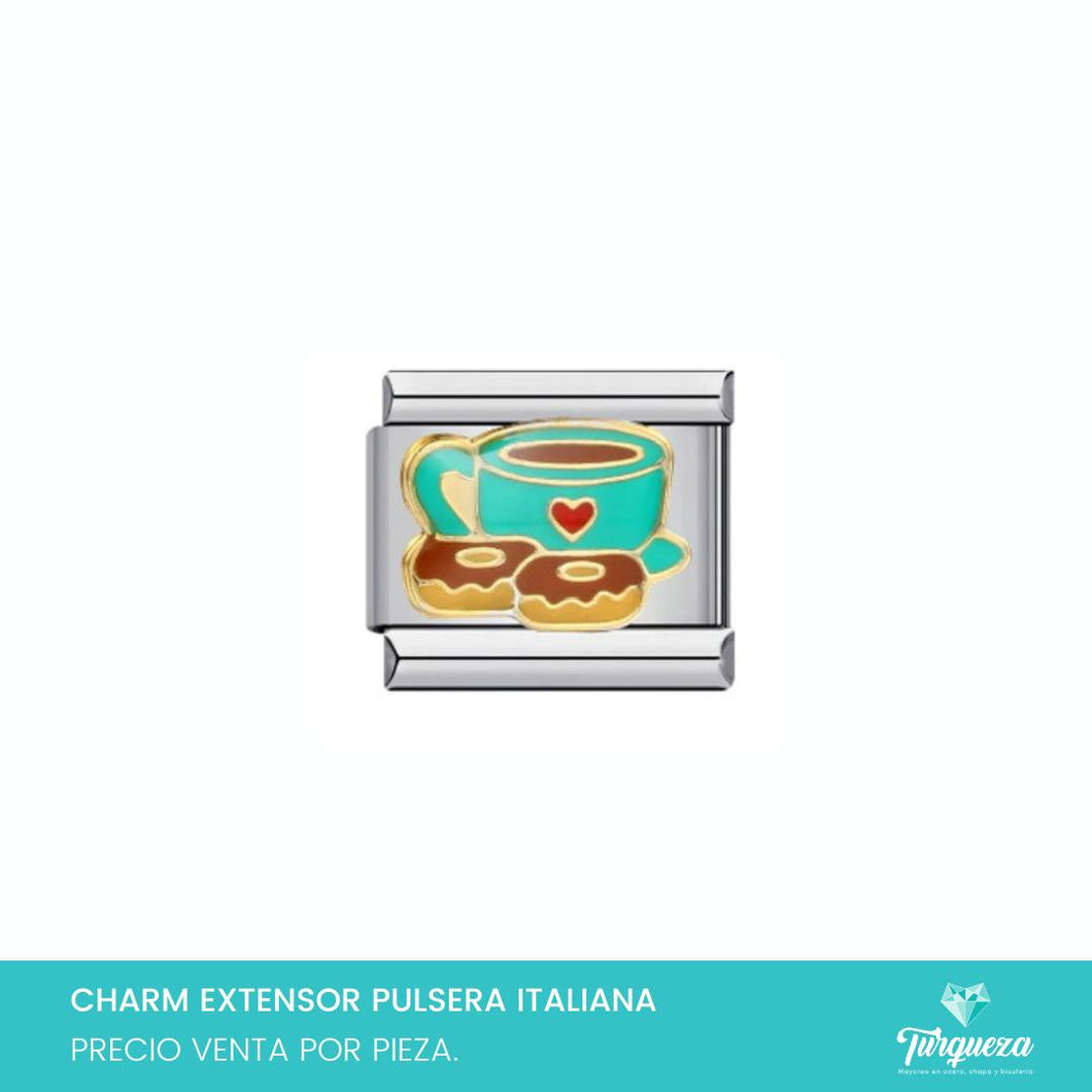 Dije Charm Café y Donas para Pulsera Tipo Italiana Plateado Acero Inoxidable