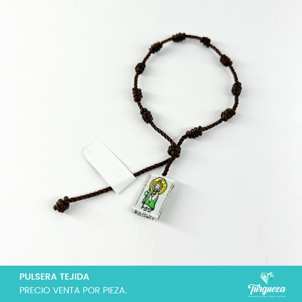 Pulsera Tejida Decenario Cafe con Escapulario Virgen de Guadalupe y San Judas