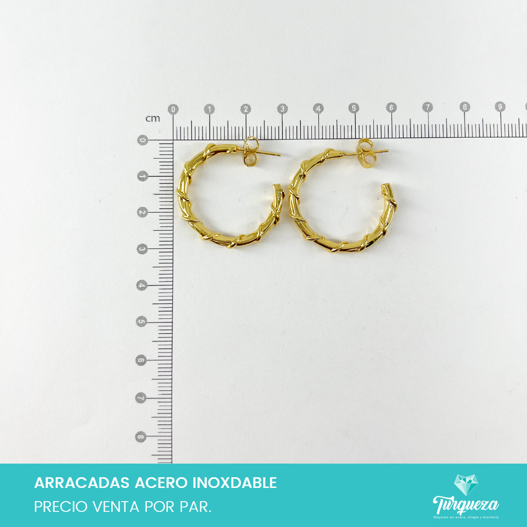 Aretes Arracadas Lisa con Hilo Torcido Doradas Acero Inoxidable