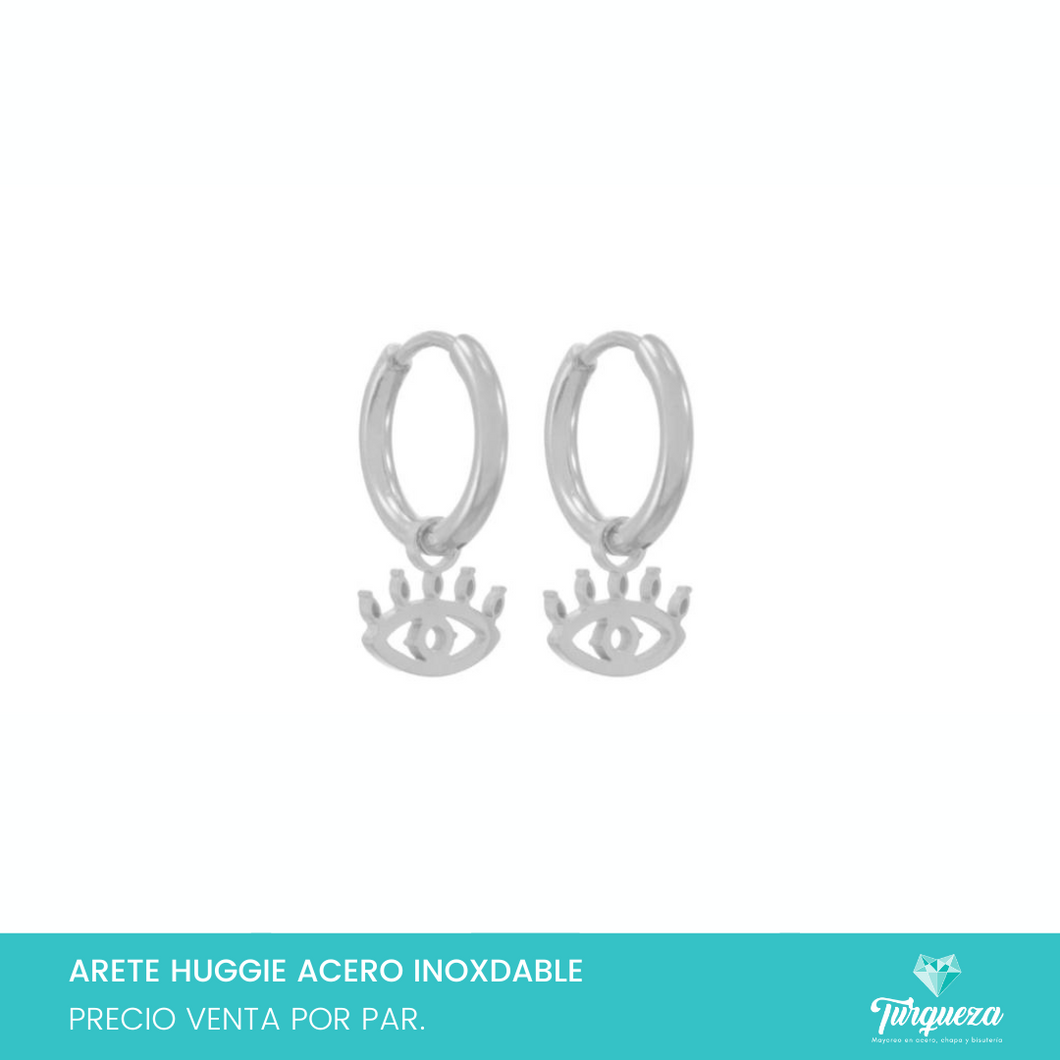 Aretes Huggie Ojo Colgante Plateado Acero Inoxidable