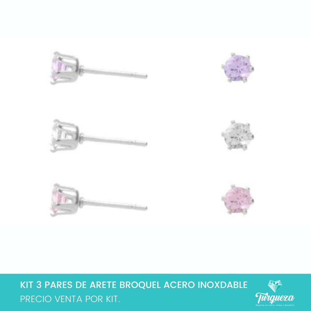 Kit 3 pares de Aretes Broquel Zirconia Lila, Blanco y Rosa Plateado Acero Inoxidable