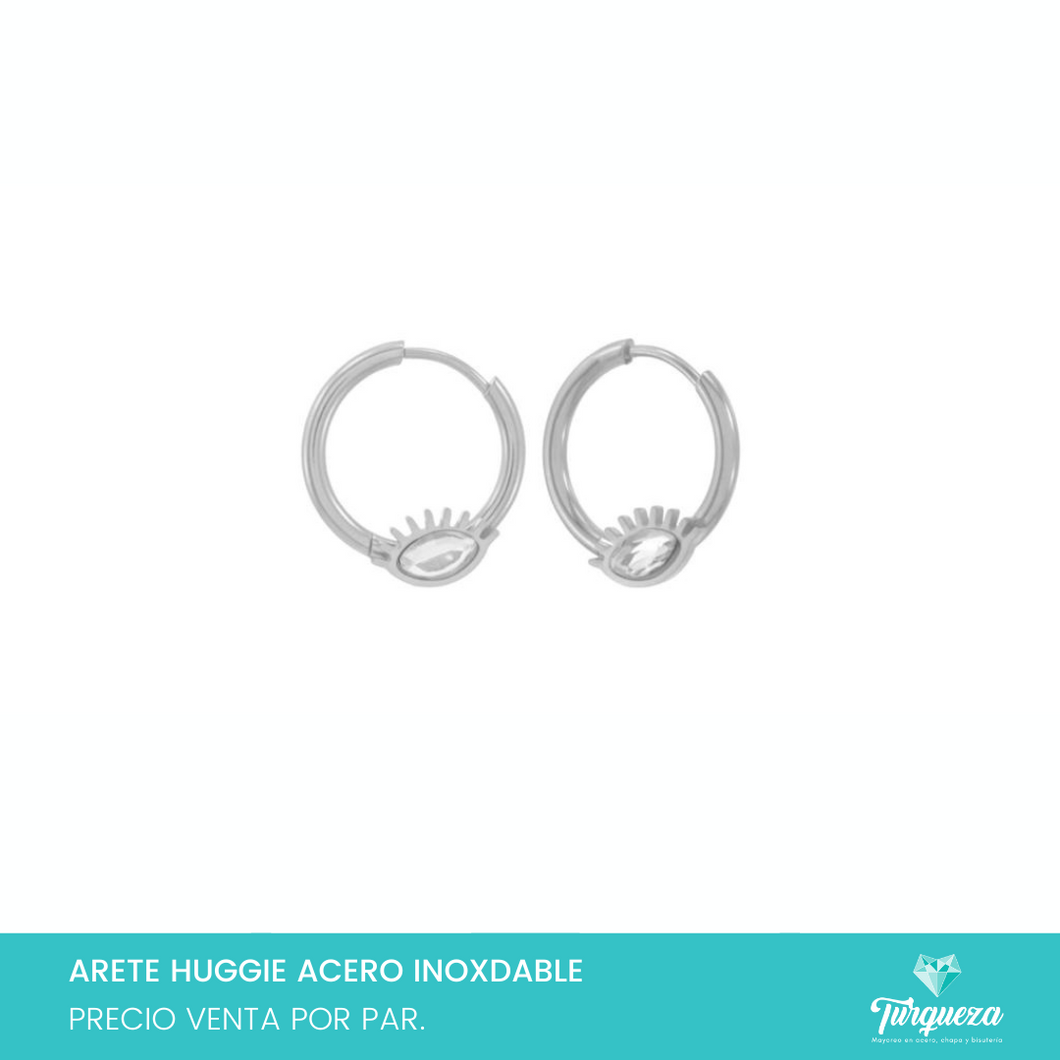 Aretes Huggie Ojo con Cristal Plateado Acero Inoxidable