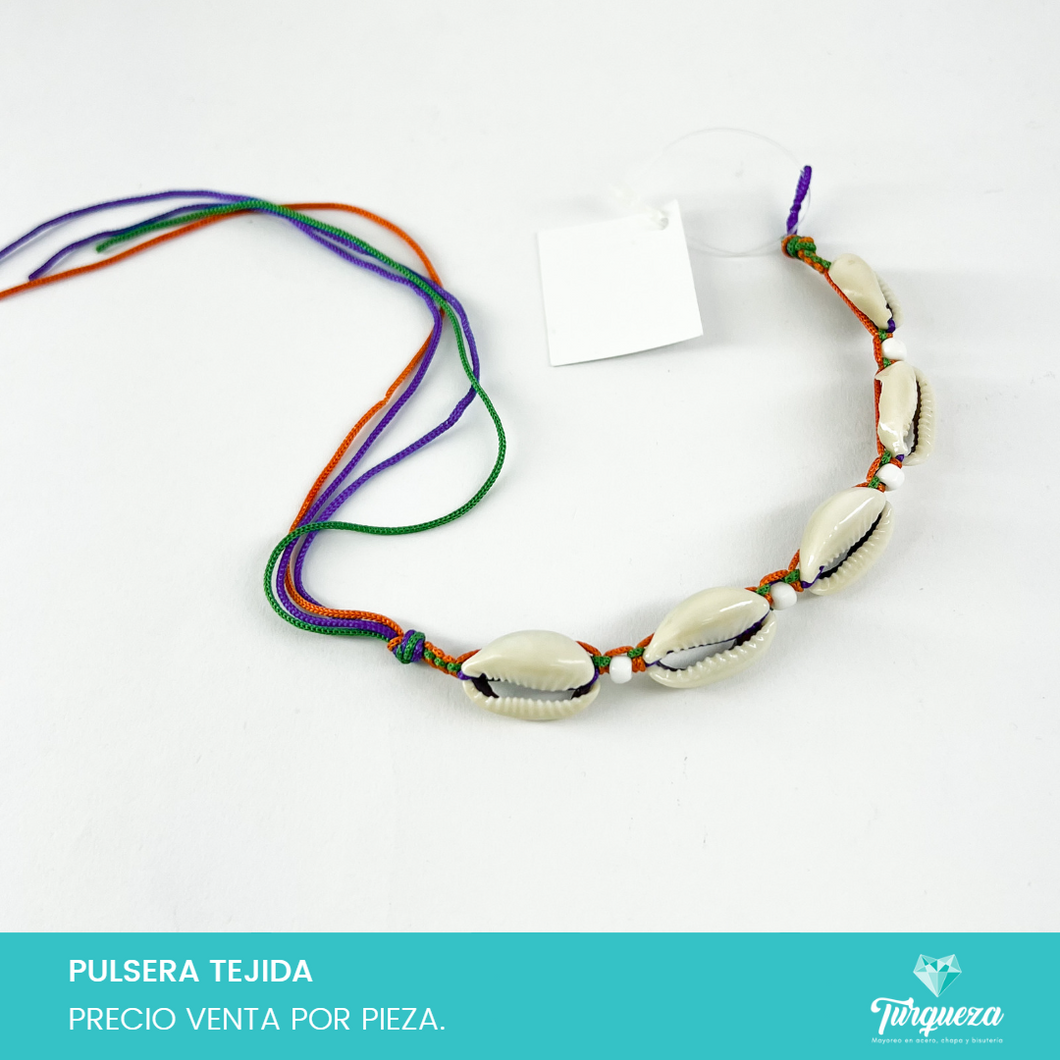 Pulsera Tejida Conchitas Hilo Azul y Naranja