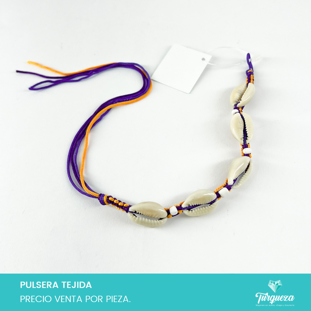 Pulsera Tejida Conchitas Hilo Azul y Amarillo