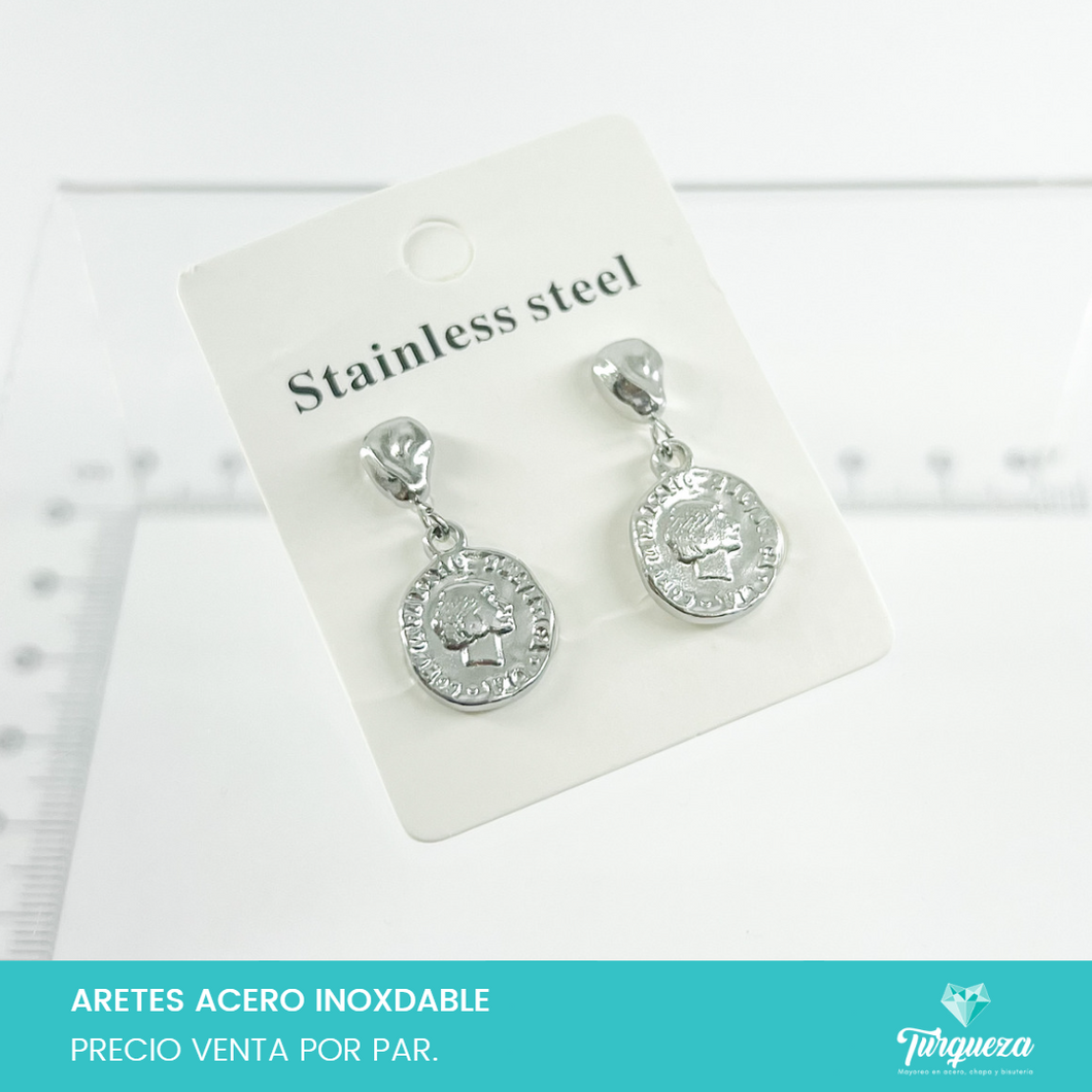 Aretes Moneda Cara Perfil Plateado Acero Inoxidable