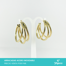 Load image into Gallery viewer, Aretes Arracadas Triples Hueca Dorada Acero Inoxidable
